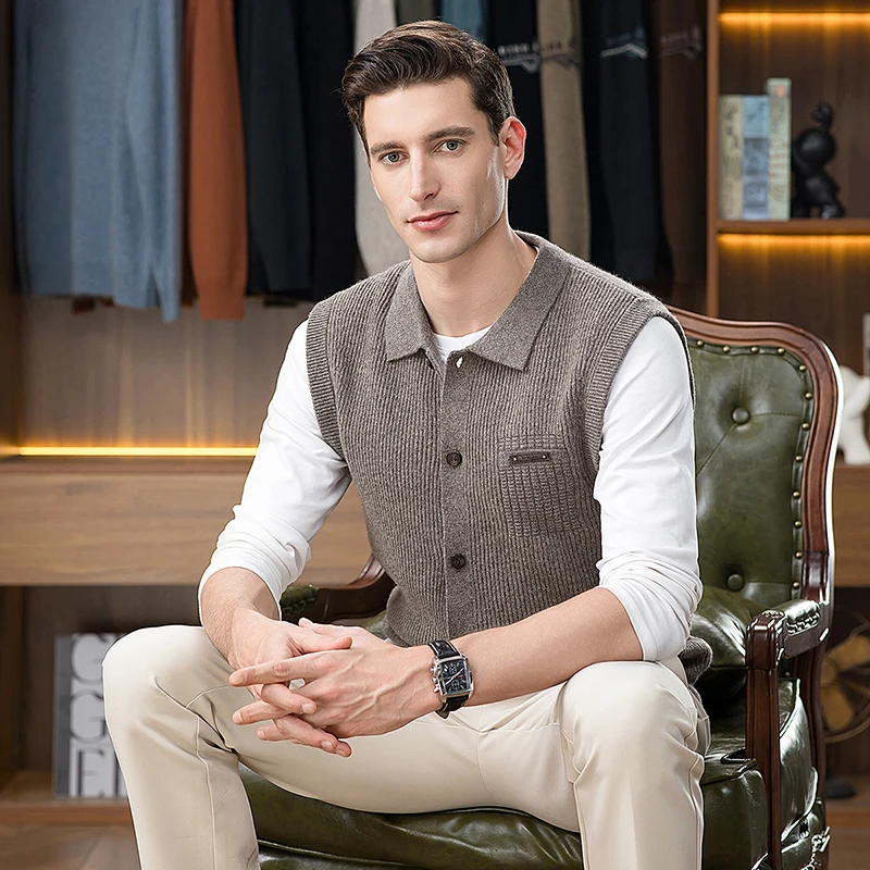 100% Sheep Wool Cardigan 2025 Autumn Trendy Men Single Breasted Knit  Vest Sleeveless Cashmere Wool Sweater Male Knit Waistcoat view 4