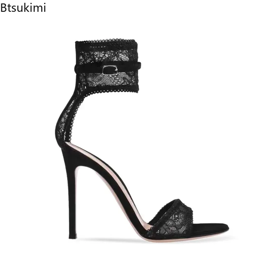 New Black Stretch Lace High Heel Sandals Fashion Dress Shoes Ankle Strap Summer Shoes Women Party Heels Sexy Ladies Stilettos