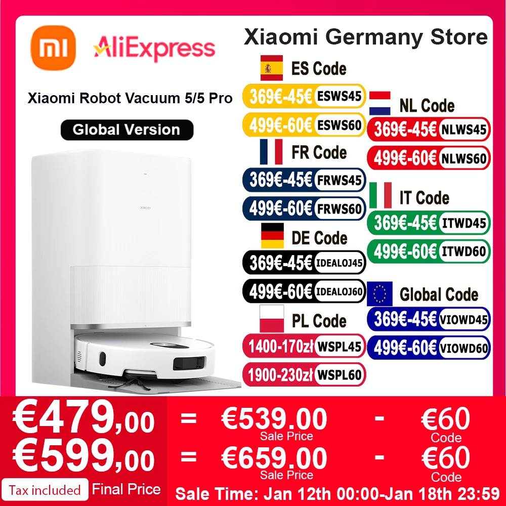 Xiaomi Robot Vacuum 5/5 pro Versione globale controllo vocale intelligente 20000Pa l'aspirazione Xiaomi più potente prevede il percorso di pulizia Sollevare e inferiore LDS e pulire gli spazi bassi