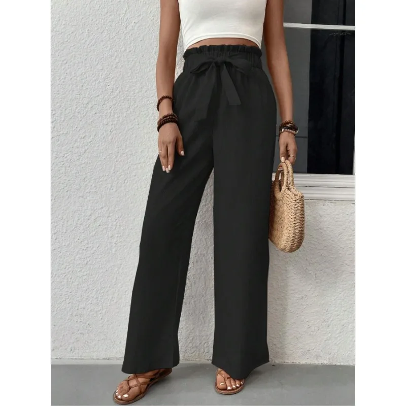 プラスサイズ 1XL-5XL 女性の新しいファッショナブルなソリッドカラーのズボンレディースレースアップウエスト多用途ストレートレッグカジュアルパンツ