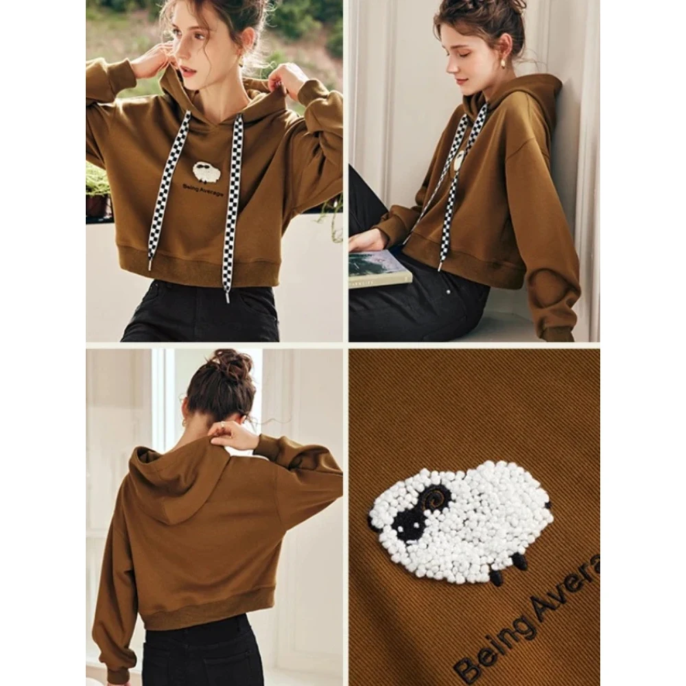 

‌ Женская кофейная толстовка с капюшоном OLrain, весна-осень 2026, модный винтажный укороченный топ из хлопкового трикотажа с длинным рукавом, модель N56QR63100