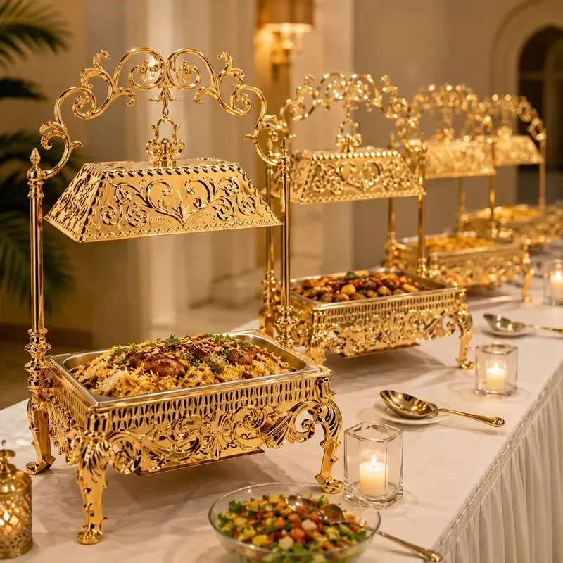 Hospitality Equipment Supplies Gold Plated Arabian Food Serving Dishes Cheffing Dish Food Warmer Chafing Dish Buffet