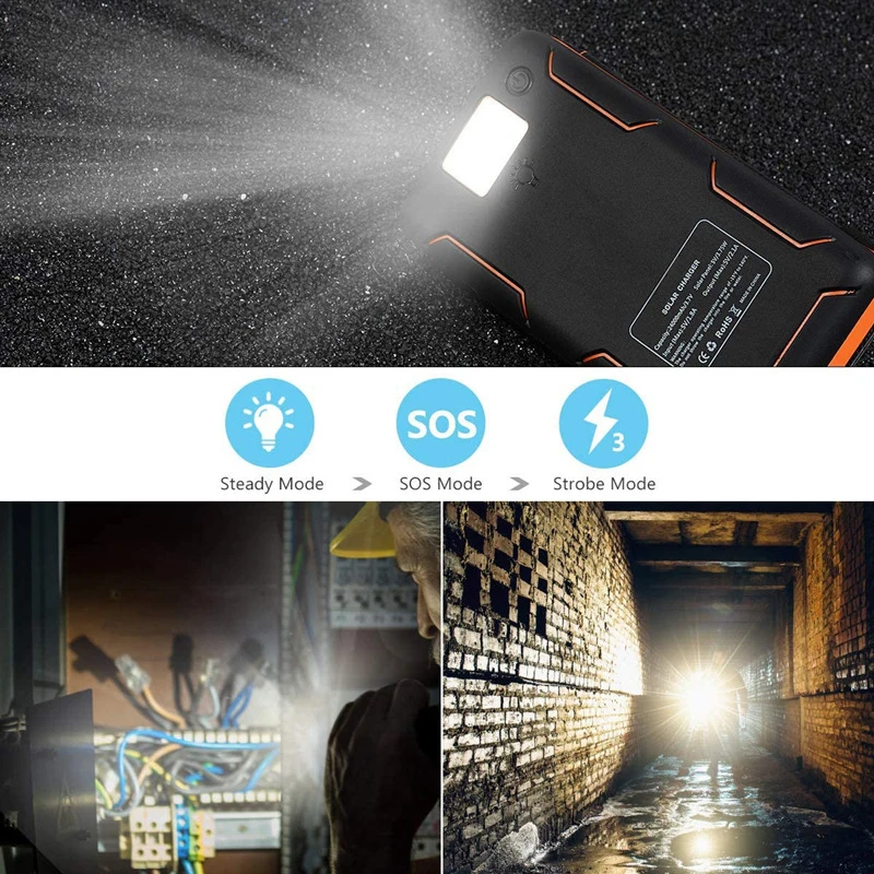 折りたたみ式ソーラーパワーバンク 20000mAh キャンプライト付き 4 ソーラーパネル iPhone Samsung Huawei Xiaomi 用ポータブル充電器