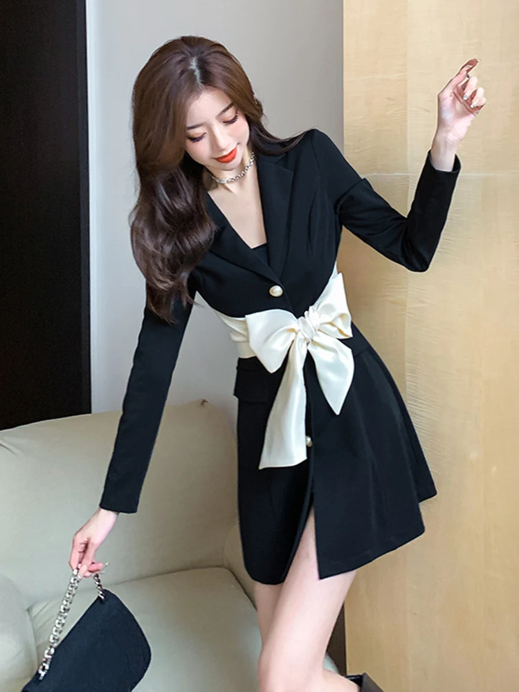 Primavera autunno elegante abito donna Blazer temperamento formale Chic Vintage Backless Slim Mini abiti Party Street Mujer Vestidos