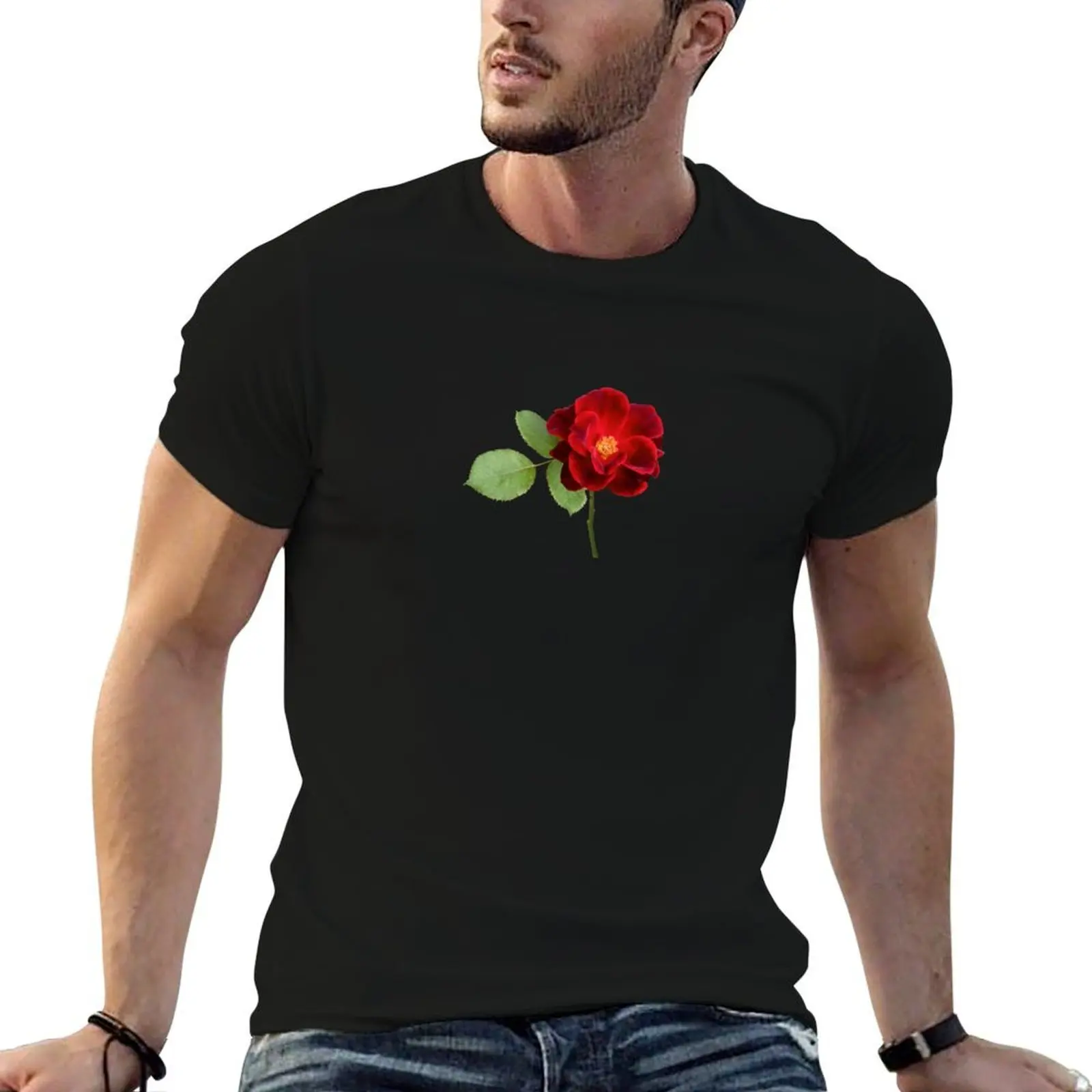 Red rose flower stem T-Shirt man graphic t shirt t shirts for man slim fit essential t shirt T-shirt