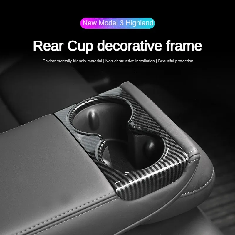 For Tesla New Model 3 Highland 2024-2026 Rear Seat Water Cup Panel Trim ABS Carbon Fiber Cup Holder Sticker Cover Accessories