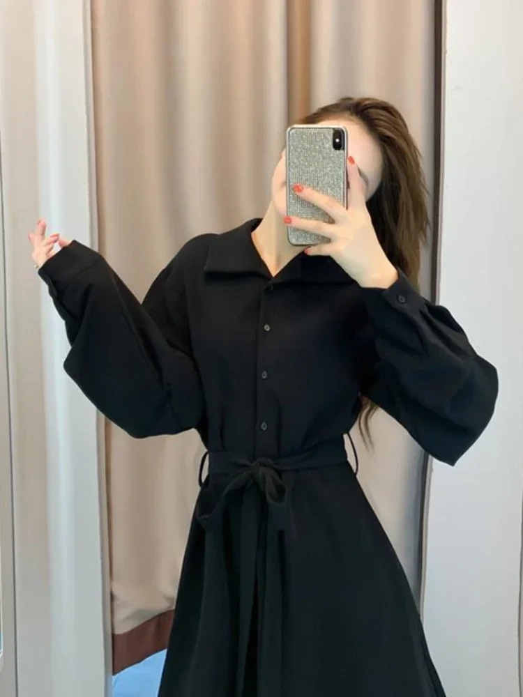 QWEEK-Vestido camisero negro para mujer, ropa informal Vintage de manga larga para fiesta, elegante, estilo Kpop, Harajuku, 2022