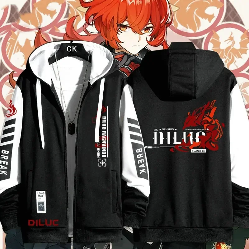 Anime Game Cos Diluc Ragnvindr Mondstadt First Rich Unisex Casual Splicing Spring and Autumn Thin Zipper Jacket Coat