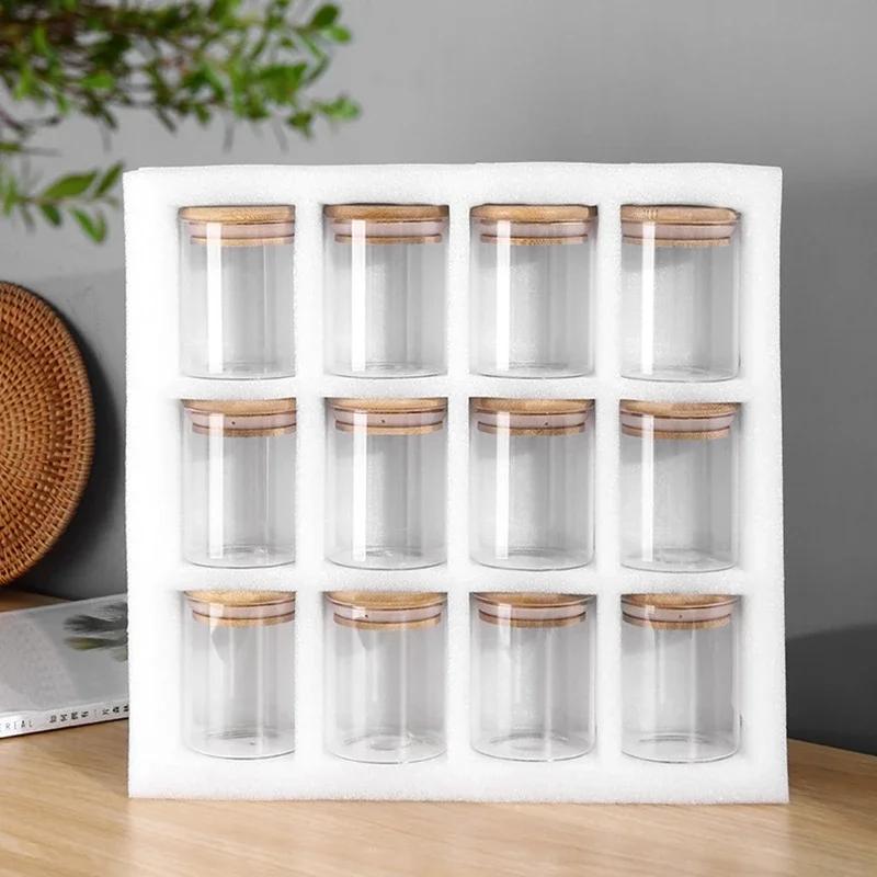 

12PCS Glass Storage Jar Borosilicate Glass Bottle W/ Bamboo Cover And Silicone Seal Dry Fruits Storage Bottle Heat-Resisting Jar