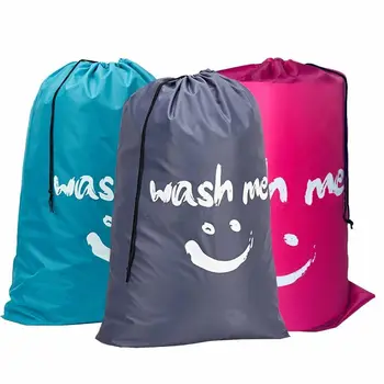Bolsa de lavandería de nailon con forma de sonrisa, bolsa de almacenamiento de viaje Wash Me, organizador de ropa sucia lavable a máquina, bolsa con cordón para lavar
