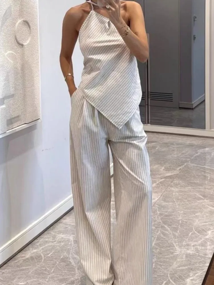 

Fashion Off-shoulder Suspender Sleeveless Irregular Top + Wide-leg Pants 2-piece Set For Women Striped Print Casual Suit Female