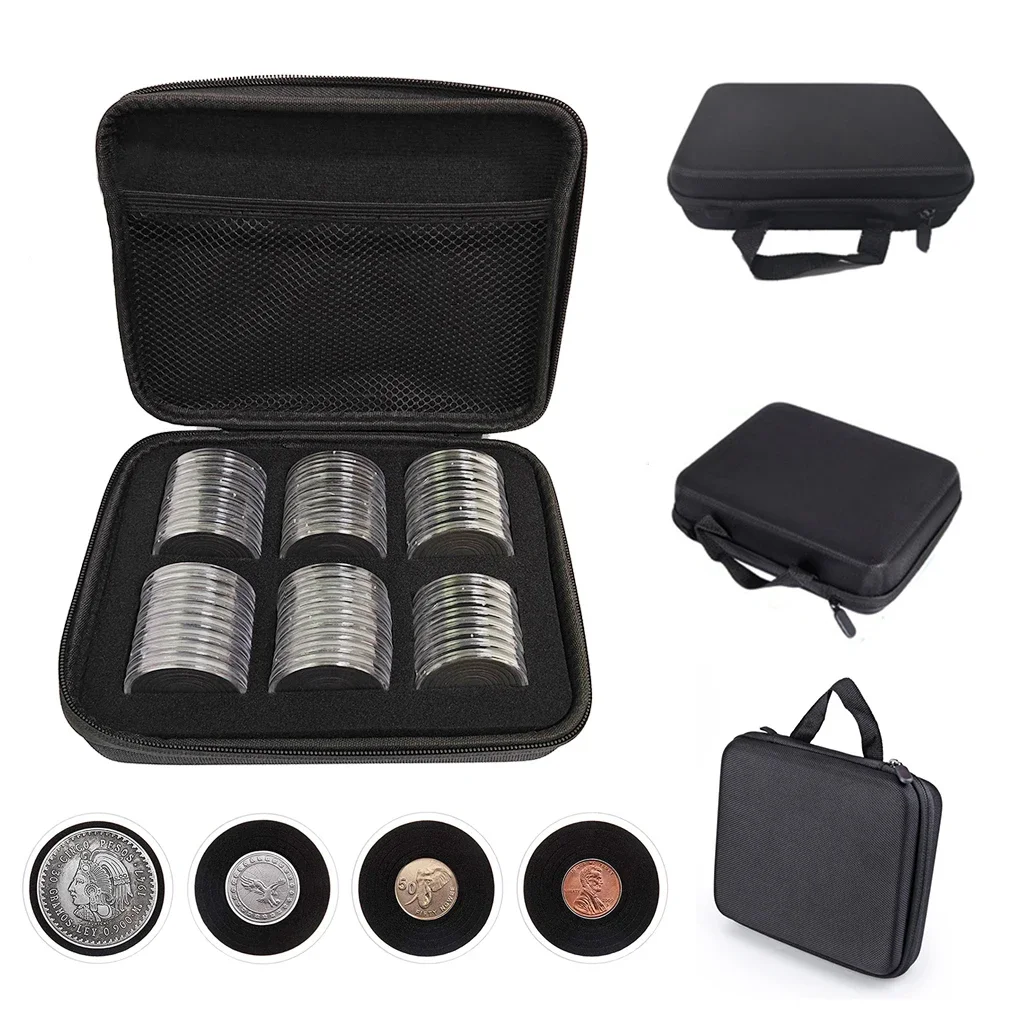 48Pcs 16/20/25/27/30/35/40/46mm Coin Capsule Case with Black Foam Gaskets and Storage Bag for Coin Collection Supplies
