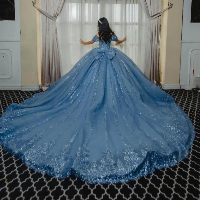 فساتين Quinceanera لامعة باللون الأزرق البحري قبالة الكتف مزين بالترتر والدانتيل مطرز بالكريستال تول حفلة عيد ميلاد حلو 16 فستان #2
