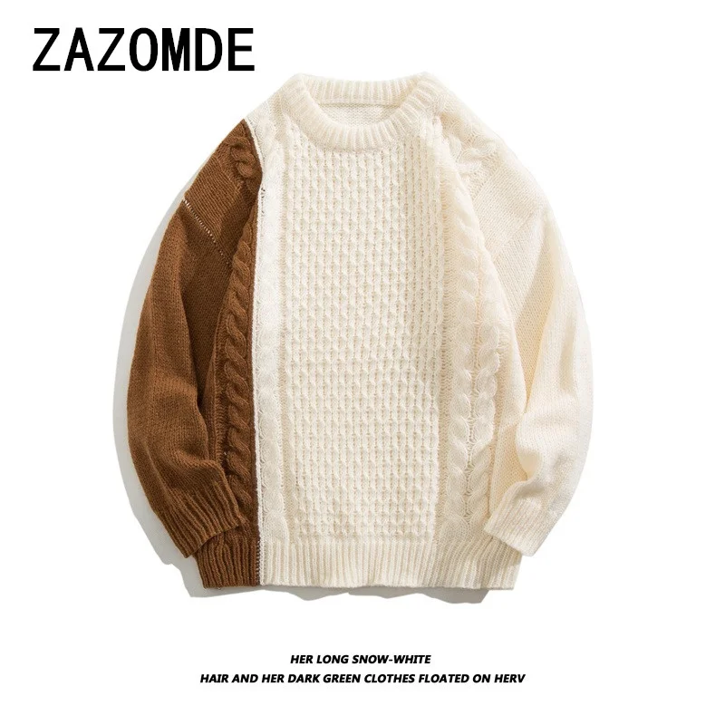 ZAZOMDE Vintage บล็อกสีรอบคอเสื้อกันหนาวสําหรับบุรุษและสตรี Casual Streetwear หลวม Fit เสื้อถักอินเทรนด์เสื้อคู่