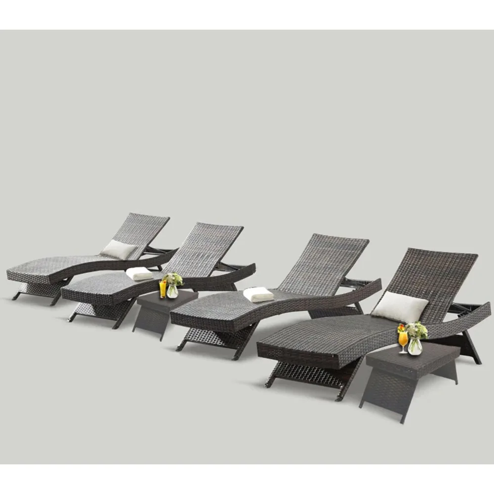 

Outdoor Patio 4 Adjustable Backrest Chaise Lounger and 2 Side End Tables, 6 Piece Lounge Chair Patio Pool Reclining, Loungers