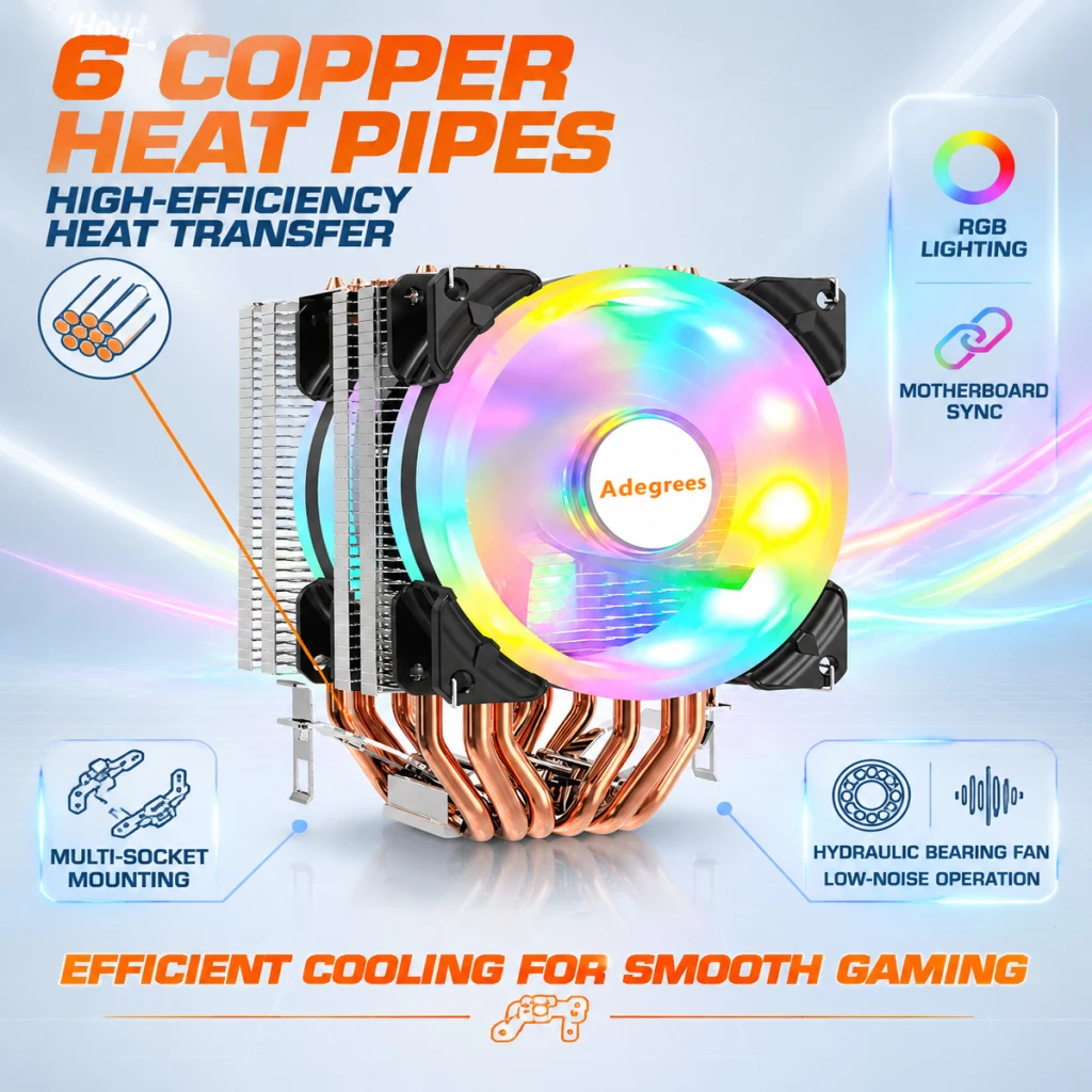 6 Heat Pipes X99 CPU Air Cooler RGB PC Radiator For Intel LGA 1700 1200 115X 2011 1366 X79 775 AMD AM4 AM5 Silent Cooling Fan