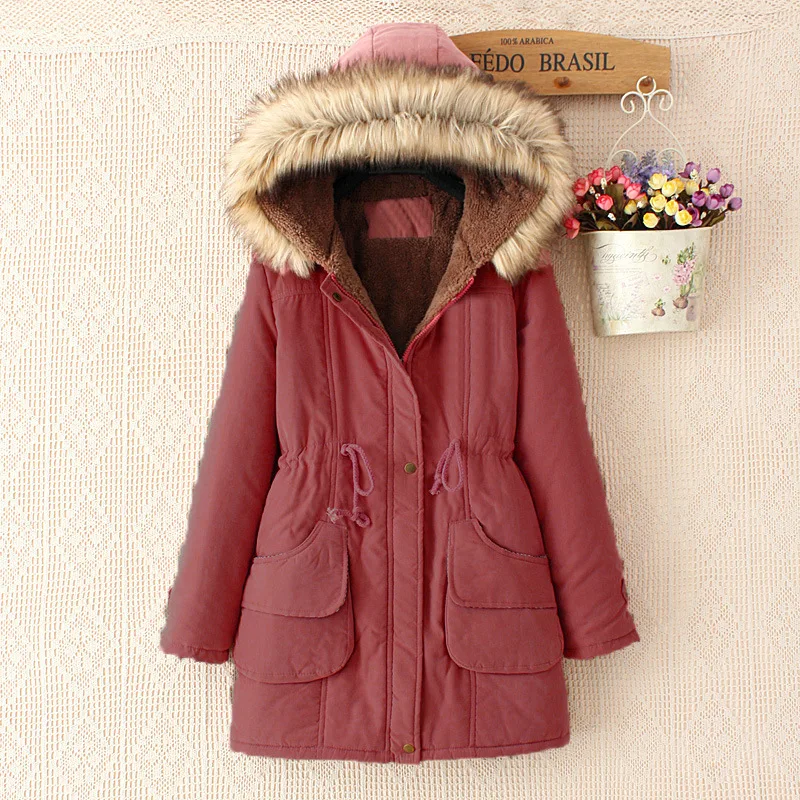 Medium to Long Drawstring Slim Fit Hooded Large Fur Collar Cotton Jacket for Women's Fashion