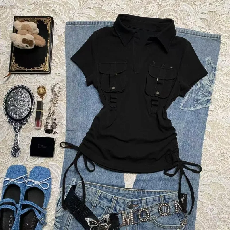 

Street Hottie T-shirt American Vintage Workwear Polo Collar Short-sleeve Tshirts Fashion Slim Chic Tee Women Retro Harajuku Tops