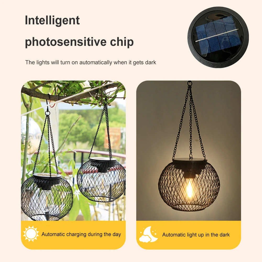 1/2 عبوة في الهواء الطلق تعمل بالطاقة الشمسية فانوس مقاوم للماء معدن مجوف قلادة ضوء دافئ مع سلسلة لساحة فناء الحديقة