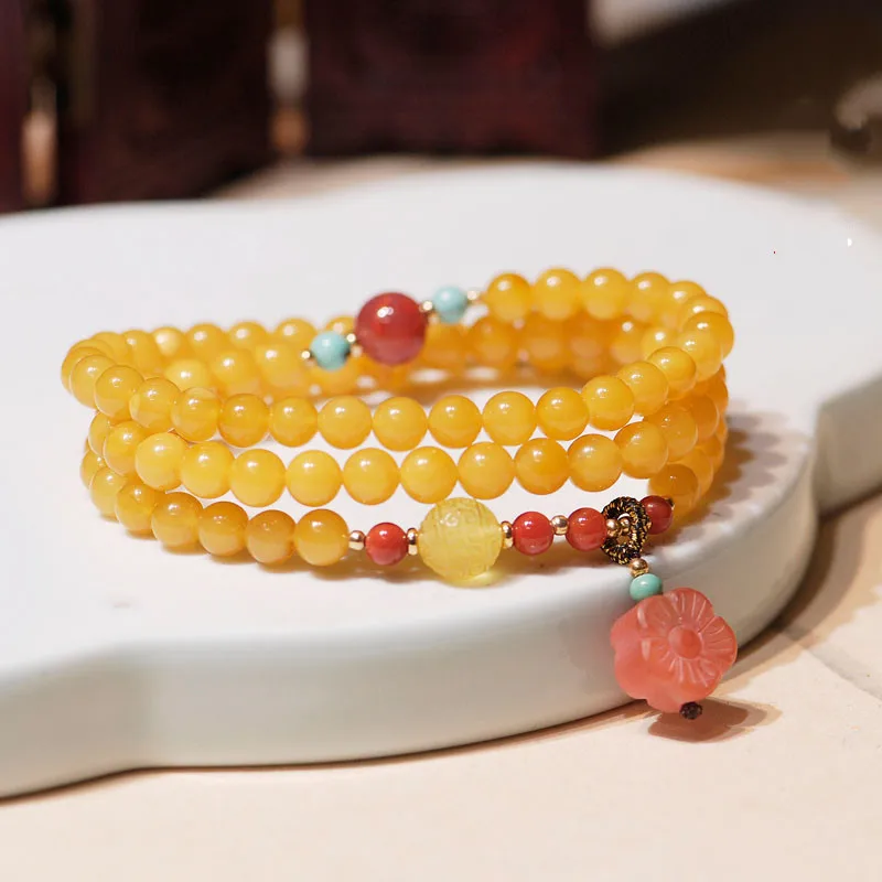 6mm Round Bead 108 Beads Chicken Oil Yellow Beeswax -Treasure Multi-Circle Hand Twisted Women's Bracelet