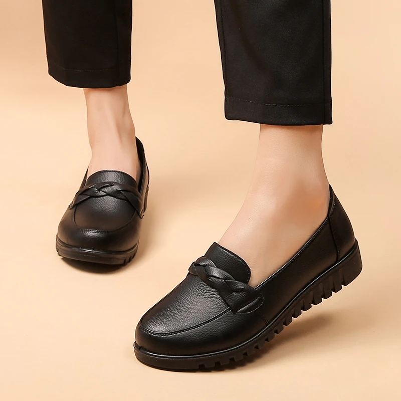 

Women's Black Slip-On Work Flats - Braided Detail & Non-Slip Comfort Sole (Soft Cushioned Insole)