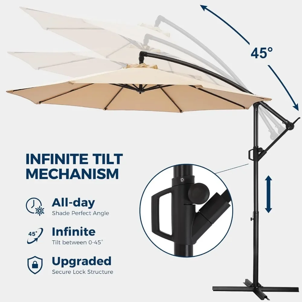 10ft offset terrasparaplu met basis, cantilever offset hangende terras buitenmarktparaplu UPF50+ UV-bescherming met gemakkelijke kanteling