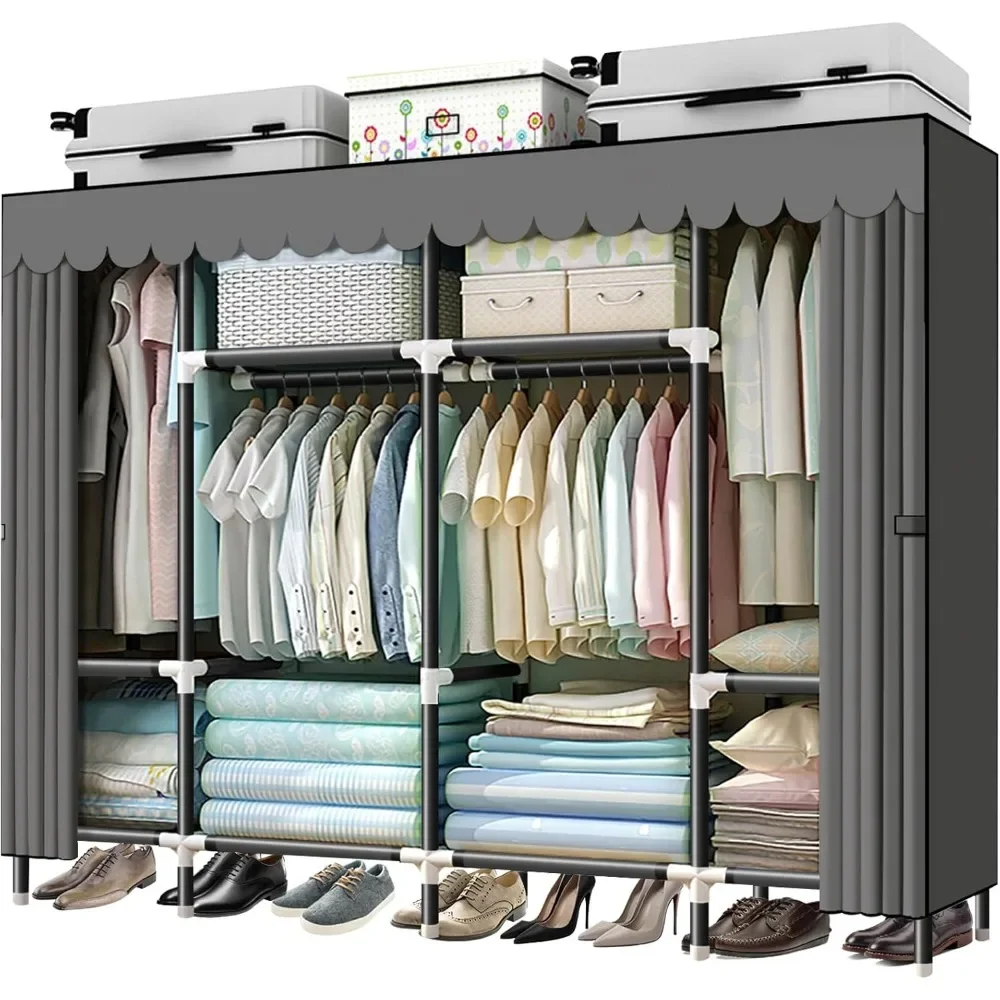 Portable wardrobe for hanging clothes, with 4 rails and 8 storage racks, the wardrobe is easy to assemble and sturdy and durable