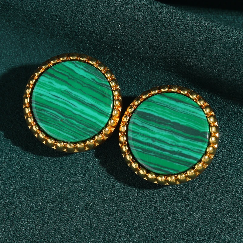 

Round Green Stud Earring Vintage Malachite Natural Stone Antique Gold Color Jewelry For Girls Fashion Charm 2025 New Anniversary