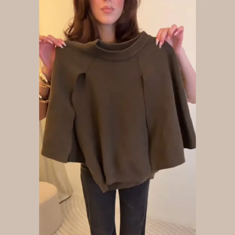 多用途のライトニットウェア秋と冬のバットスリーブルーズショール女性のフレンチレトロケープセーターラウンドネックショートシャツ