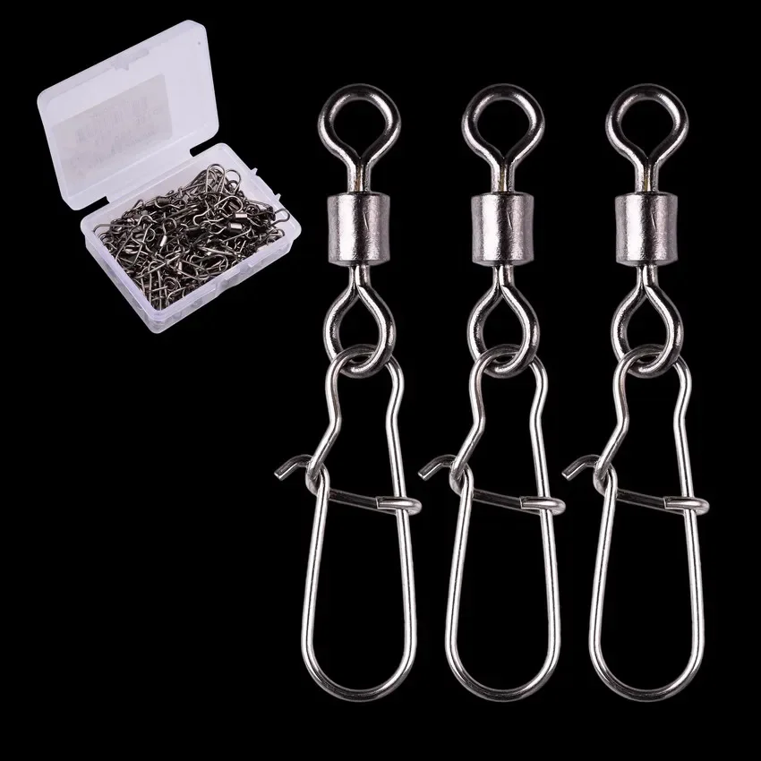 50PCS/ Box Fishing Connector Pin Bearing Rolling Swivel 14#-2/0# Stainless Steel with Snap Fishhook Lure Swivels Tackle