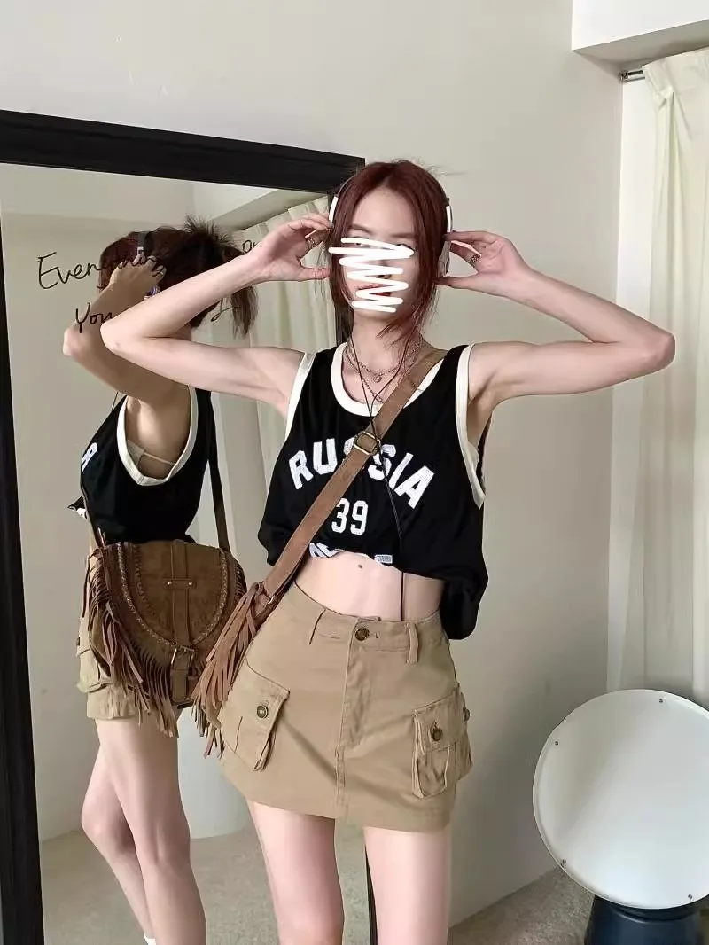 Cowboy-Midirock mit hoher Taille und amerikanischem Khaki-Farbton, kurzer Sommerrock im „Spicy Girl“-Stil, figurbetonter Rock für den Arbeitsalltag. – Detail 5