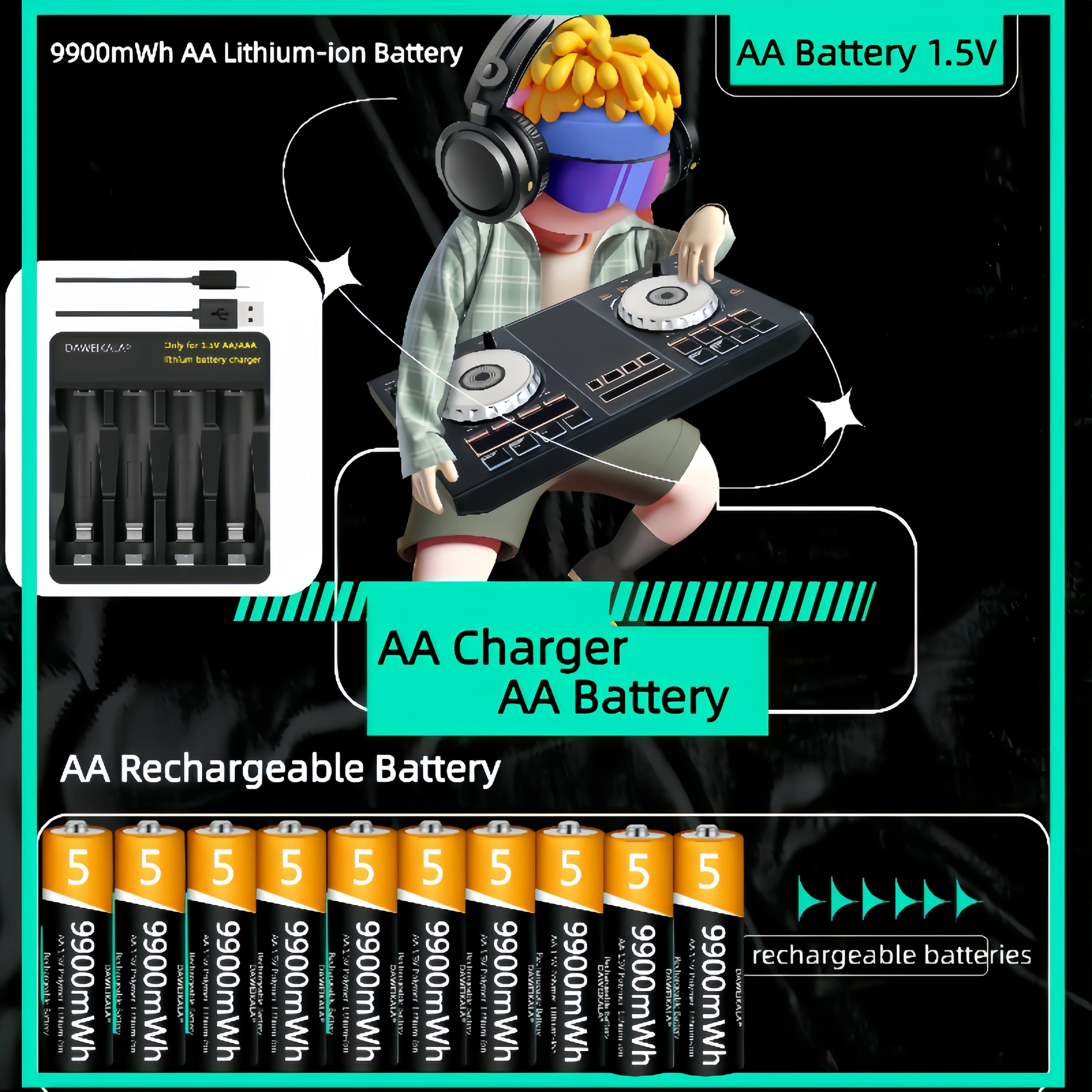 

AA Battery 1.5V AA Rechargeable Battery AA Lithium-ion Battery 9900mWh for Remote Control Mouse Small Fan Electric Toy