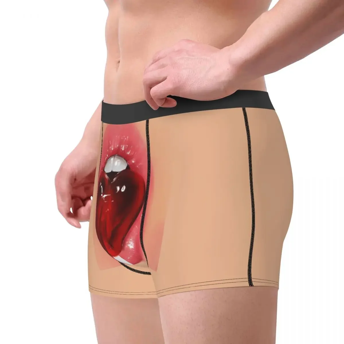 Funny Boxer Shorts Panties Briefs Men Sexy Red Lips With A Lollipop Underwear Mid Waist Underpants for Homme Plus Size