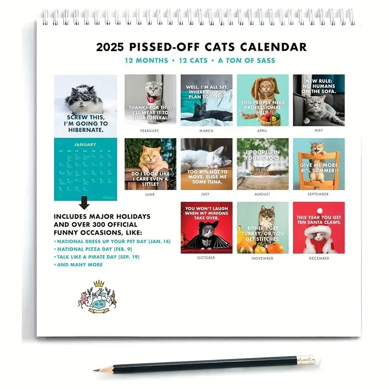 2025 Pissed-Off Cats Calendar - 12-Month Wall Calendar for Cat Lovers, Humorous Feline-Themed Funny Gift Planner Hanging