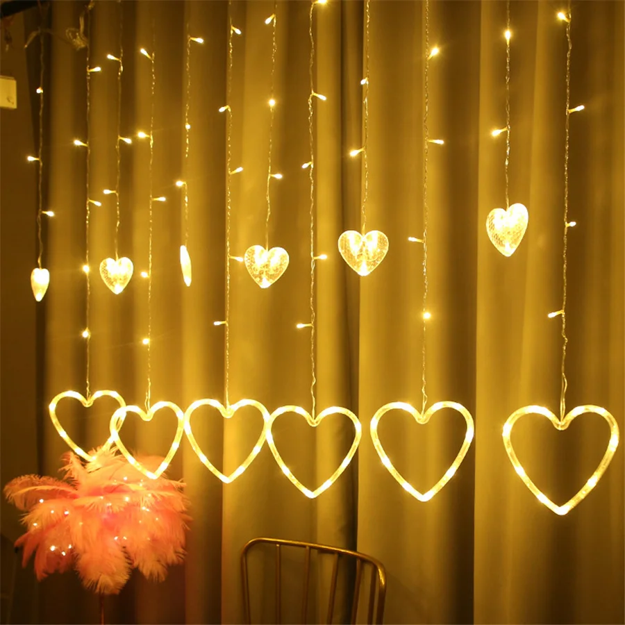 Guirnalda de luces LED románticas en forma de corazón para cortina, 8 modos, guirnalda de luces navideñas para decoración del hogar, dormitorio, fiesta de boda