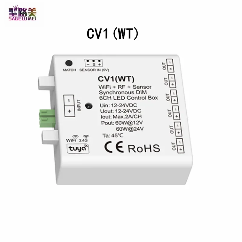 12V-24VDC 6CH WiFi&RF&Sensor Synchronous Tuya APP DIM LED Controller Box For SMD5050 2835 3528 Single Color LED Strip Lights