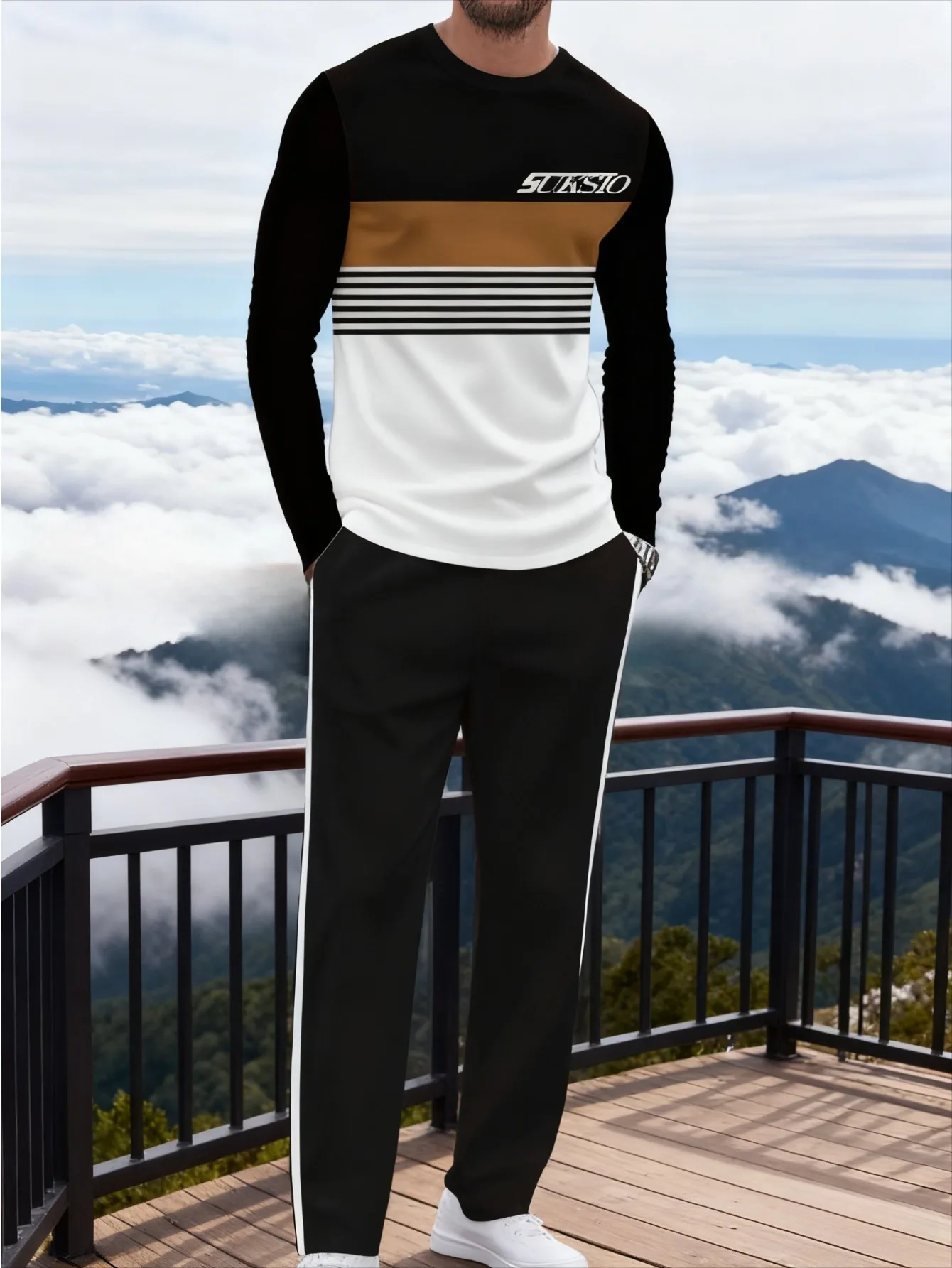 طقم بغطاء للرأس عصري مطبوع رقميًا للرجال مكون من قطعتين