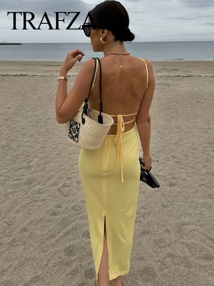 TRAFZA 2024 Summer Fashion Holiday Solid Backless abito plissettato femminile elegante Beach Style caviglia lunghezza Cami abito lungo