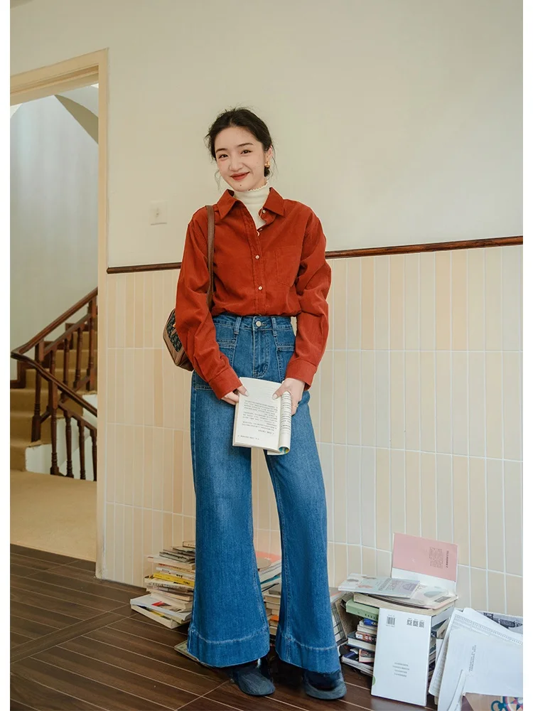 

Ретро-рубашка из вельвета в гонконгском стиле для женщин, осенне-зимняя, базовый слой, синяя, розовая, желтая, французский стиль, свободный крой, на пуговицах