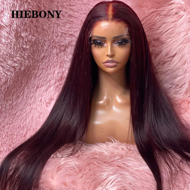 HiEbony Dunkel-Burgunderrote 13x6 HD Lace Front Perücken aus Echthaar, 250% Glatt, 13x6 Lace Frontal Perücken, Klebefreie HD Lace Perücke, Vorgezupft
