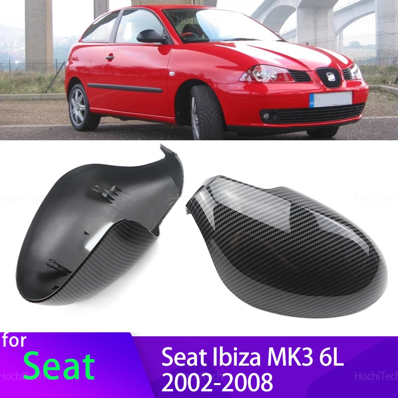 For Seat Ibiza MK3 6L 2002-2008 Bright Black Carbon Fiber Car Rear View Door Wing Side Mirror Cover Caps Shell Case With Tool