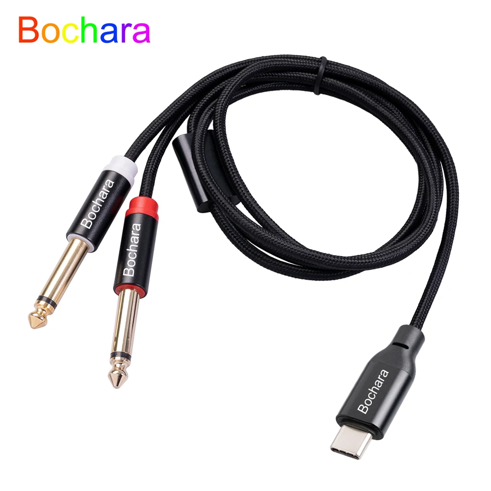 Bochara Braided Type C to 2*6.35mm Jack OFC Audio Cable Built-in Digital IC Chipset Foil+Braided Shielded 1m 2m 3m