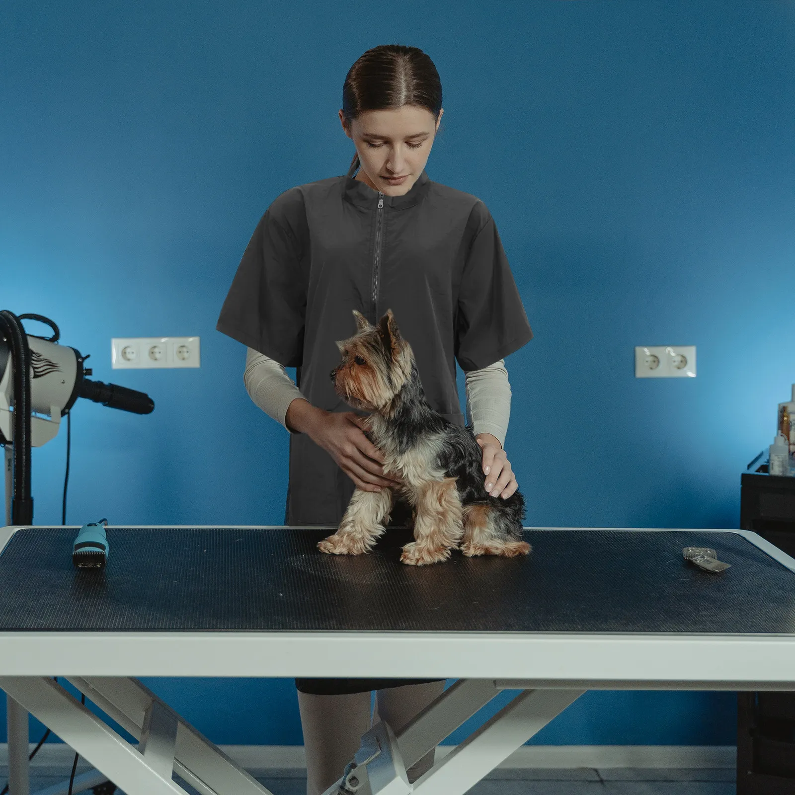 防水ペットグルーミング服-ナイロンスモックエプロン-ペットショップサロン美容師-犬猫グルーミング作業服-ブラック-l