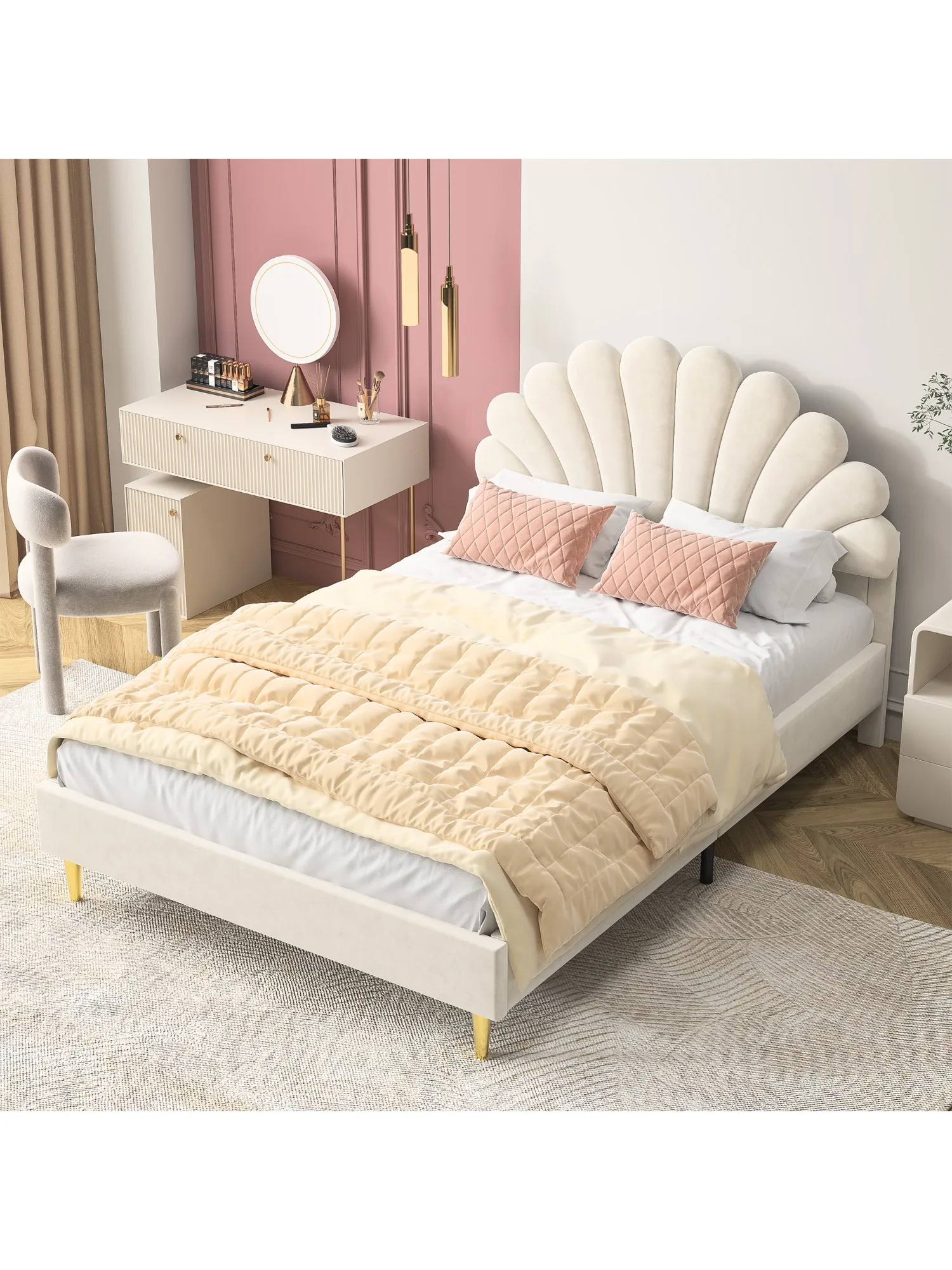 Anajqaqia 90×200/140×200 cm gestoffeerd tweepersoonsbed, kinderbed, met bloemvormig hoofdeinde en lattenbodem, fluweel - afbeelding 2