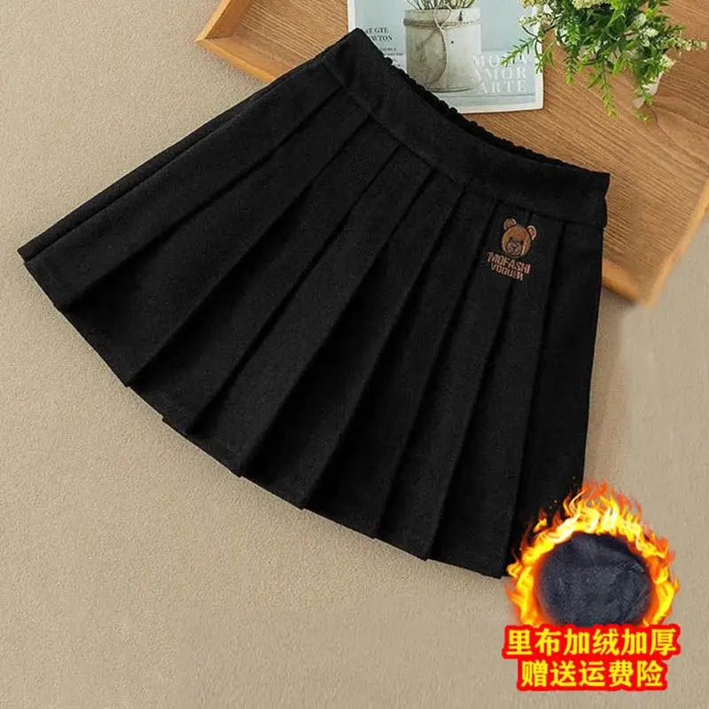 Girls\' Autumn and Winter 2021 New Skirt Middle and Big Children College Style JK Pleated Skirt Little Girl Fleece-Lined Skirt