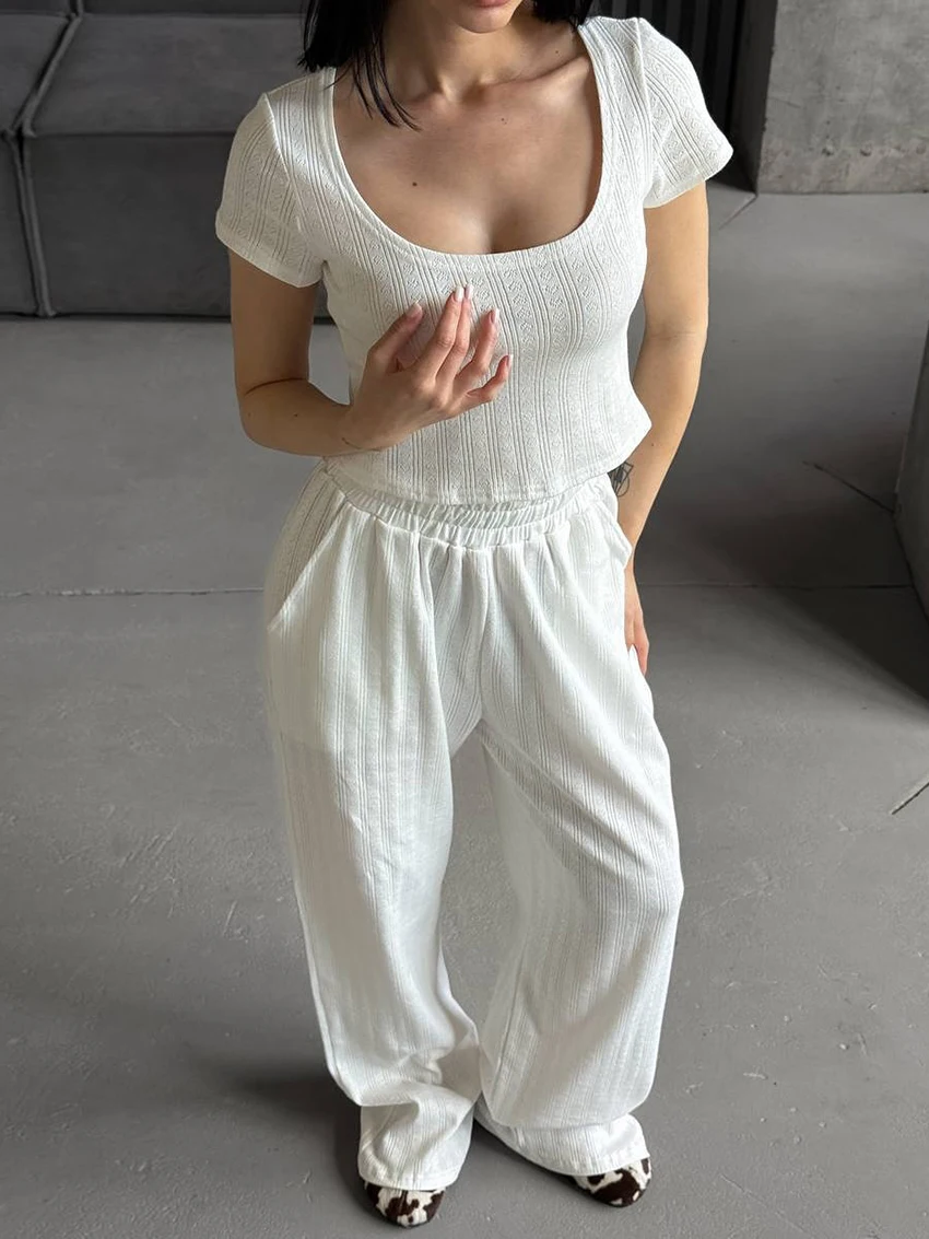 Marthaqiqi Knitted Female Pajamas Suit O-Neck Nightie Crop Top Sleepwear Short Sleeve Nightgown Pants Casual Women Nightwear Set