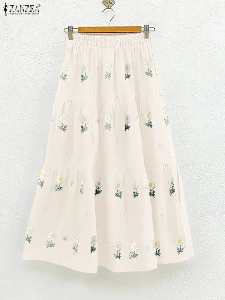2025年 ザンゼア 秋 カジュアル エラスティックウエスト スカート おしゃれ レディース スカート ヴィンテージ ホリデー 花柄プリント ファルダス サイヤ Aライン ミディ丈 ローブ