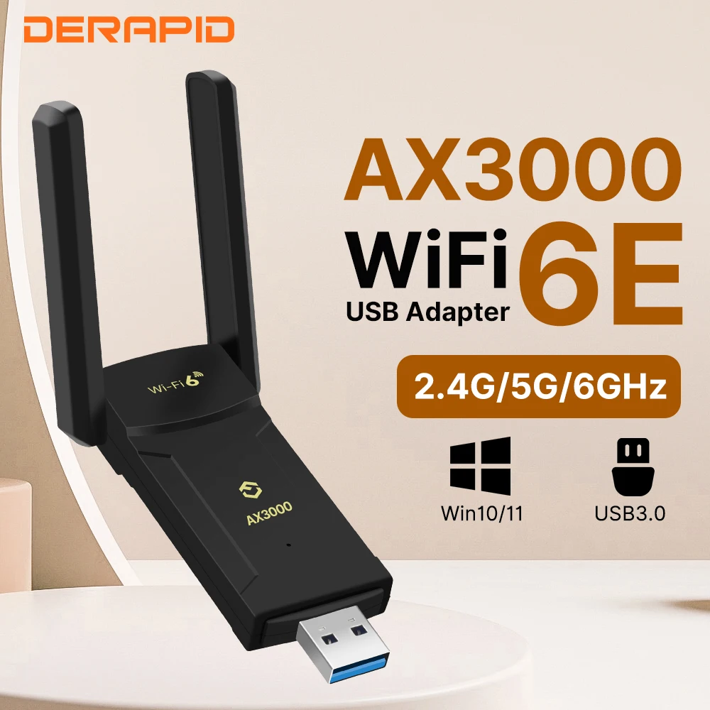 

WiFi 6E AX3000 USB-адаптер Трехдиапазонный беспроводной ключ 2,4G/5G/6GHZ Антенна с высоким коэффициентом усиления WiFi-приемник для ПК/ноутбука для Win7/10/11