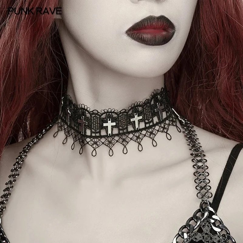 PUNK RAVE Women's Symmetrical Vintage Cross Patterns Hollow Lace Choker Classic Elegant Simple Shape Party Club Accessories