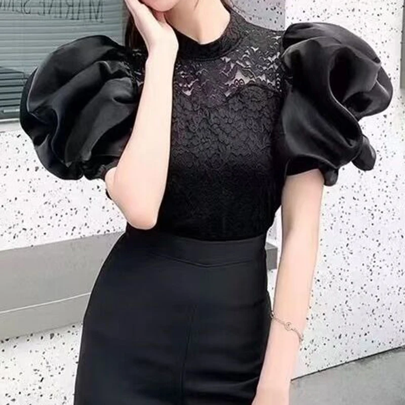 Korean V-neck Bubble Sleeve Irregular Top Women's Design Pleated Slim Short Sleeve T-shirt